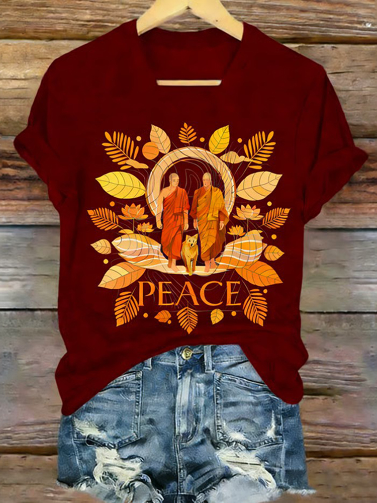 Retro Walk For Peace Monks With Aloka Dog Print T-shirt