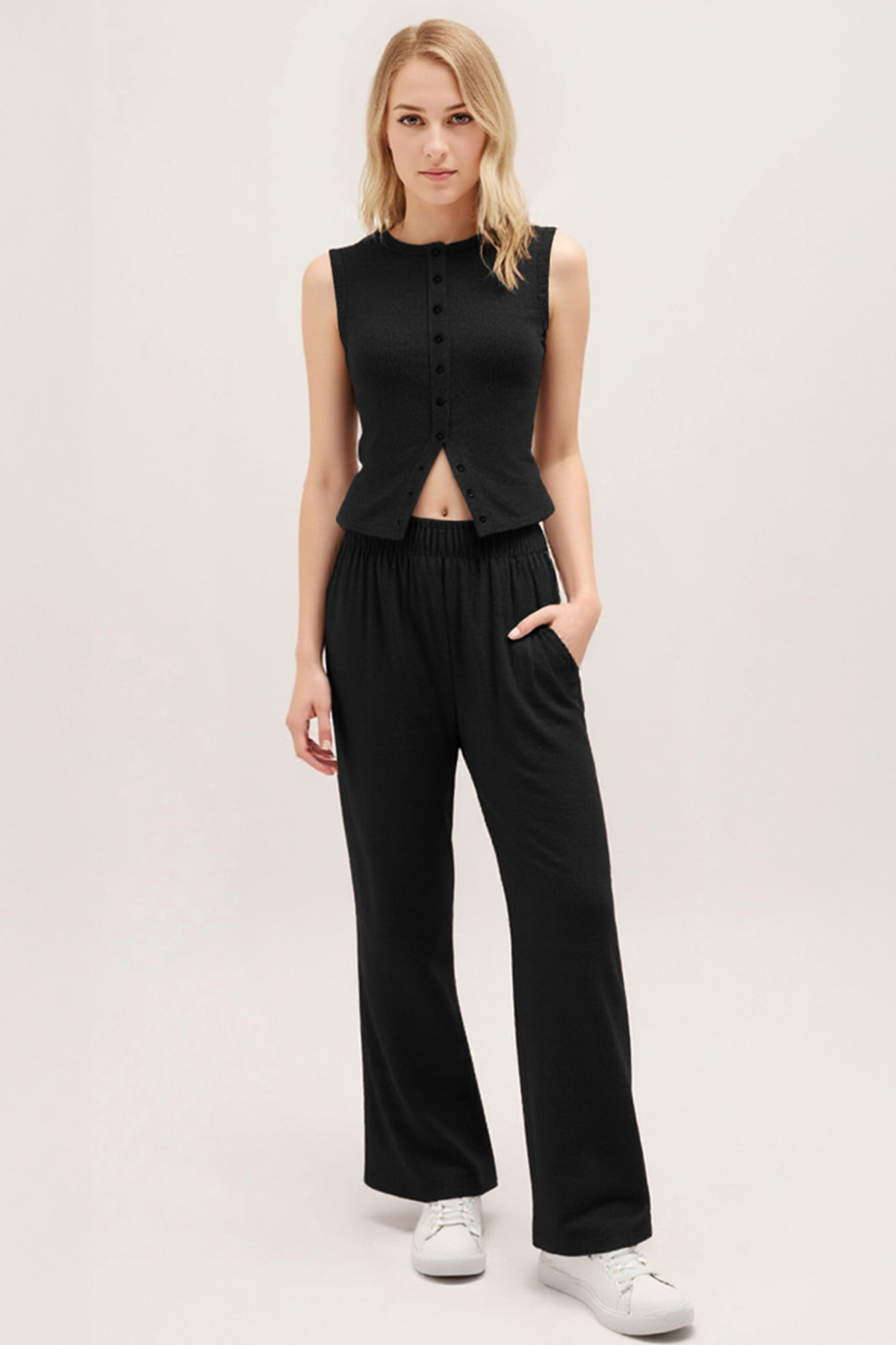 Leisure Round Neck Button Tank Top & Stretchy Trousers Co-ord