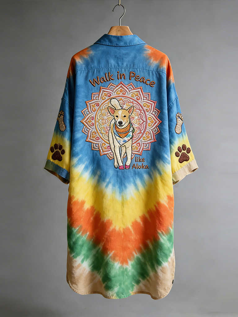 Women's Retro Walk For Peace Monk Aloka Dog Tie-dye Button-down Shirt Dress