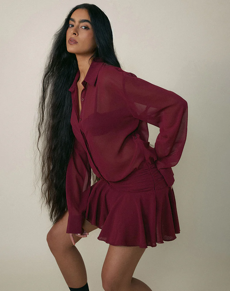 Azphira Long Sleeve Button Up Playsuit in Burgundy