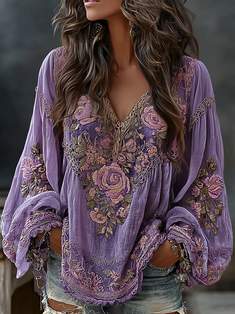 Women's Retro Floral Embroidered Art Print Flowy Linen Blend Casual Tops