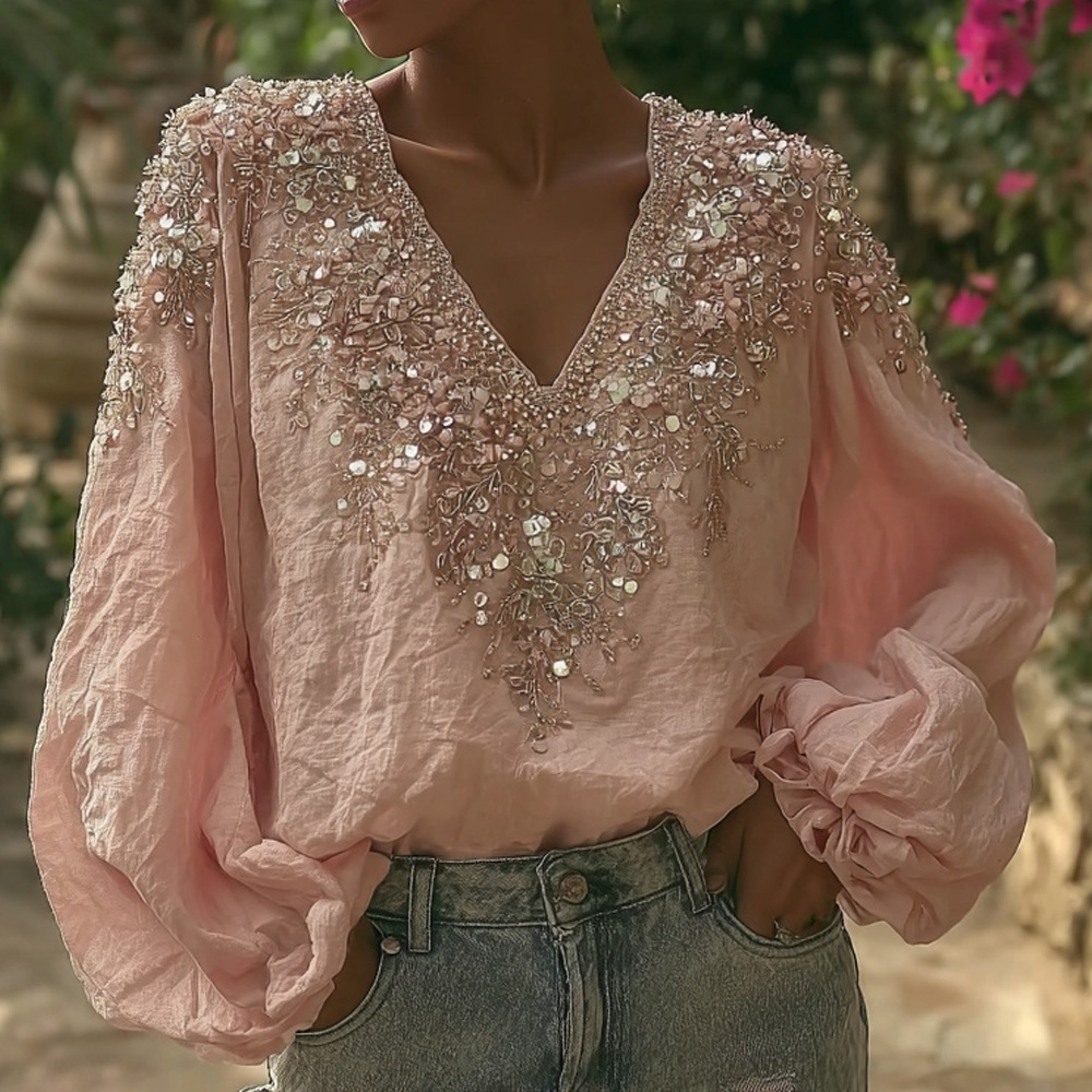 Vintage Boho Glitter Floral Art V Neck Linen Tunic