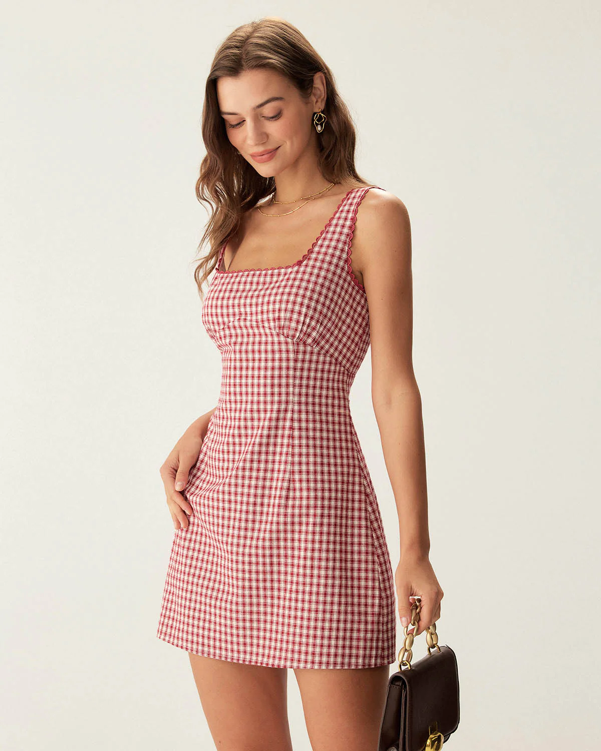 Red Gingham Square Neck Slip Mini Dress