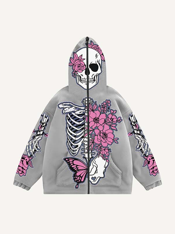 Skeleton&Floral&Butterfly Faux Decal Print Zip Up Hooded Coat