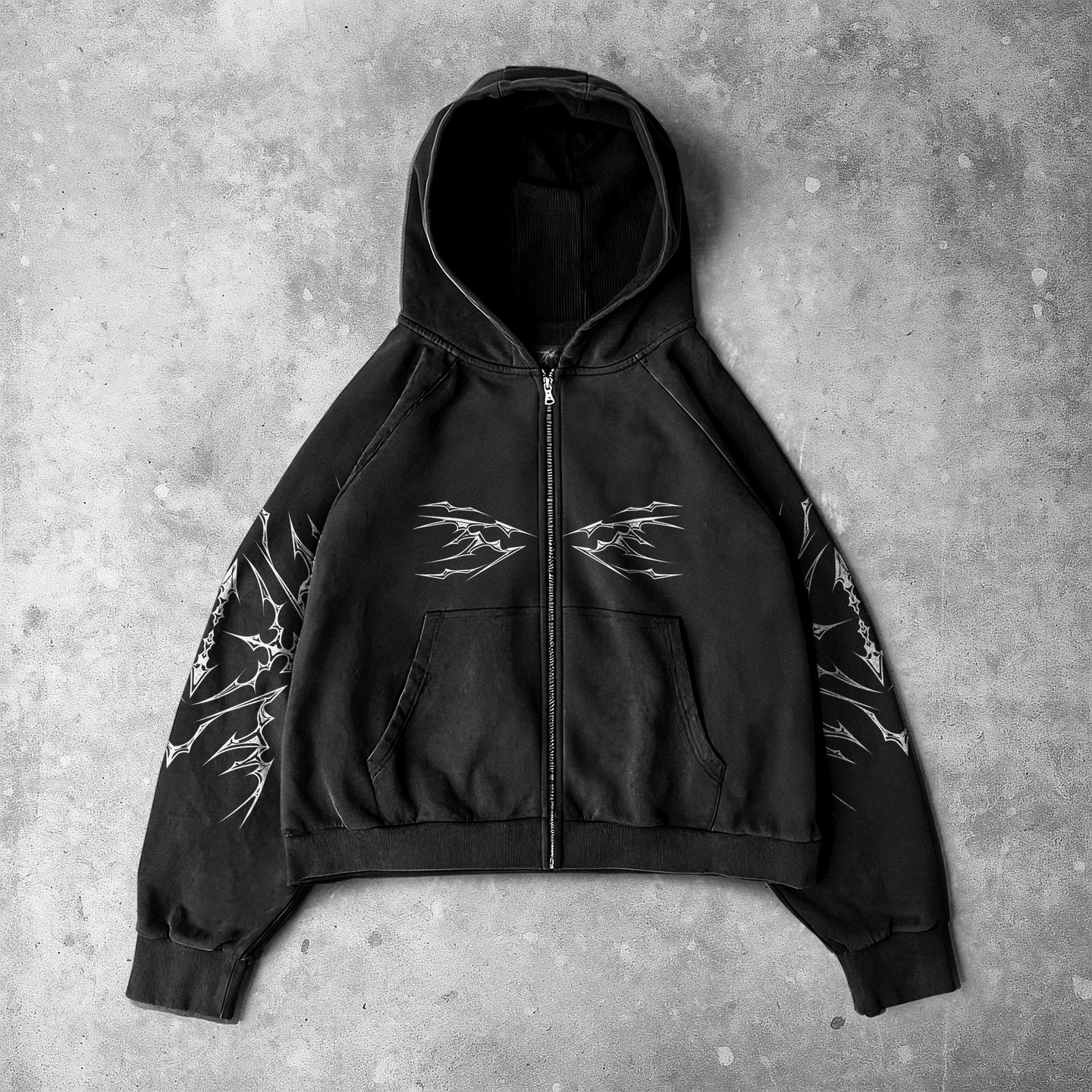 Gothic Heart Print Cropped Zip Up Hoodie