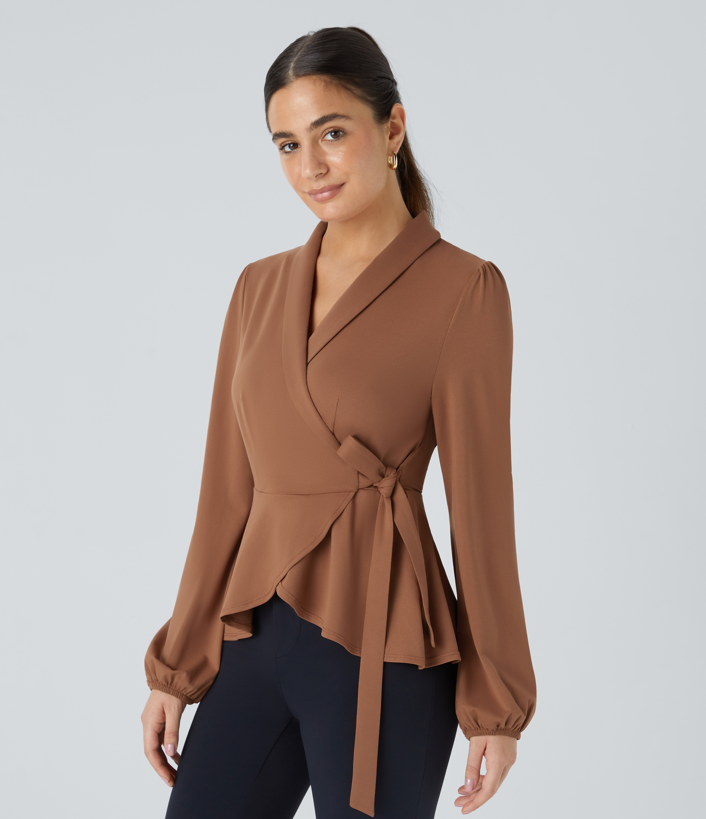 Shawl Collar Wrapped Tie Side Ruffle Hem Work Blouse