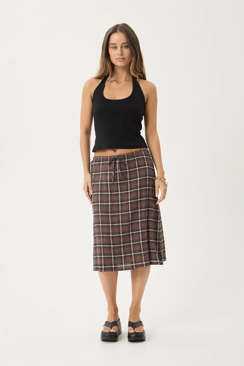 AFENDS Womens Reverie - Seersucker Midi Skirt - Coffee Check