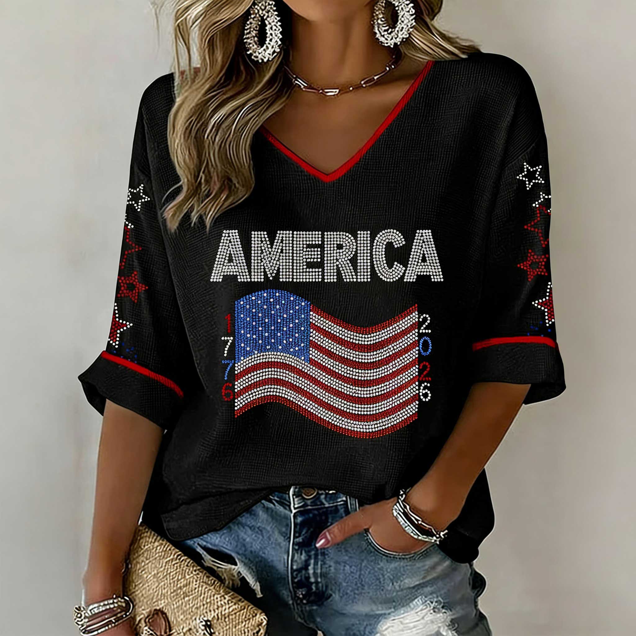 Women's American 250th Anniversary Three-Quarter Sleeve V-Neck Top