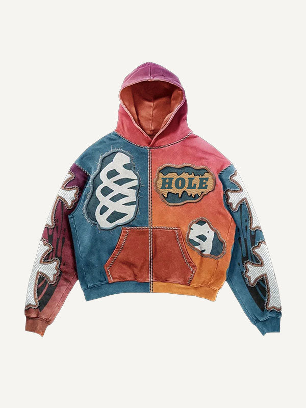 Colorblock Cross&Skeleton&Letter Faux Decal Print Slant Pockets Hoodie