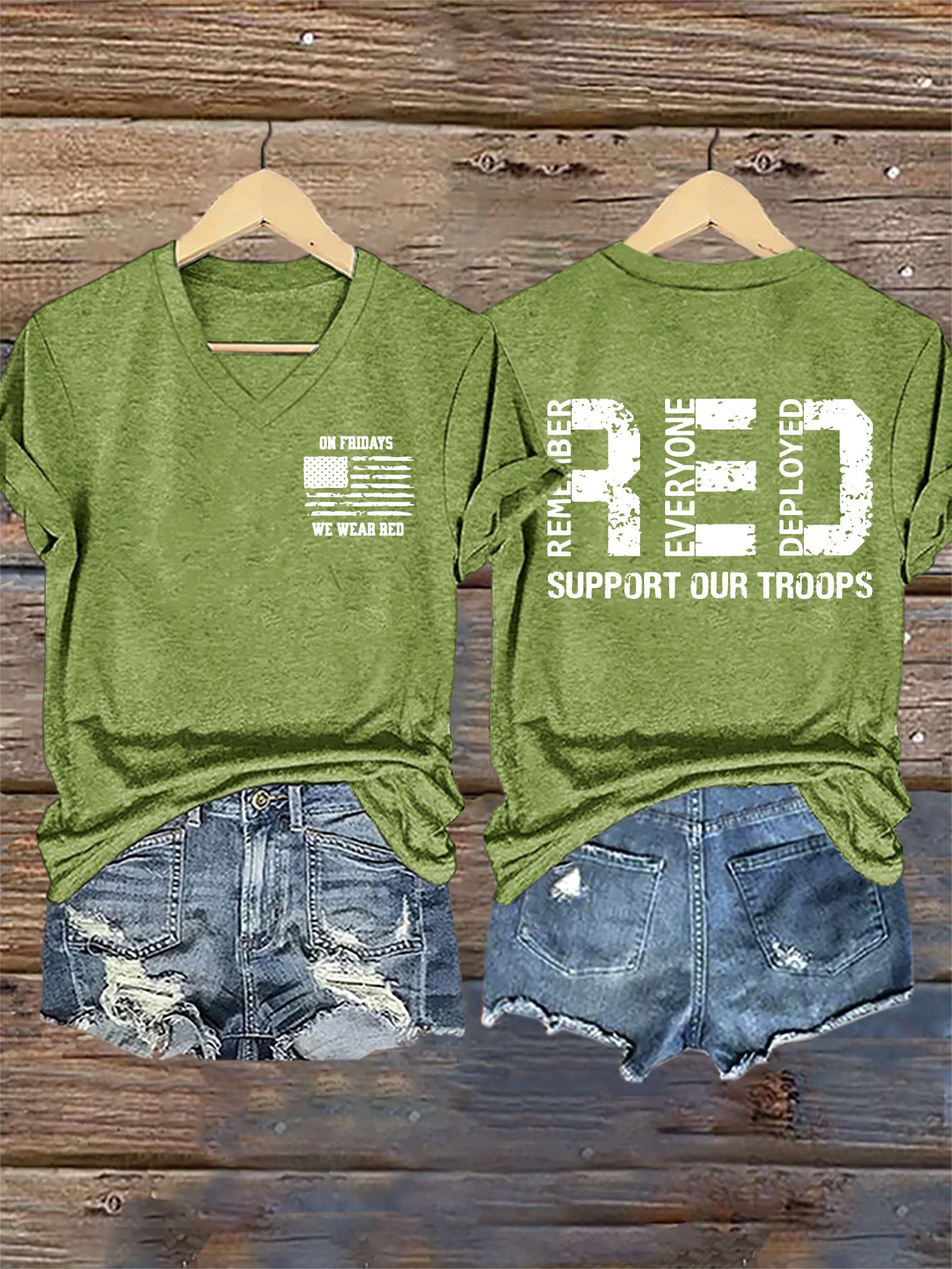 Women's On Fridays We Wear RED Remember Everyone Deployed Print V Neck T-shirt