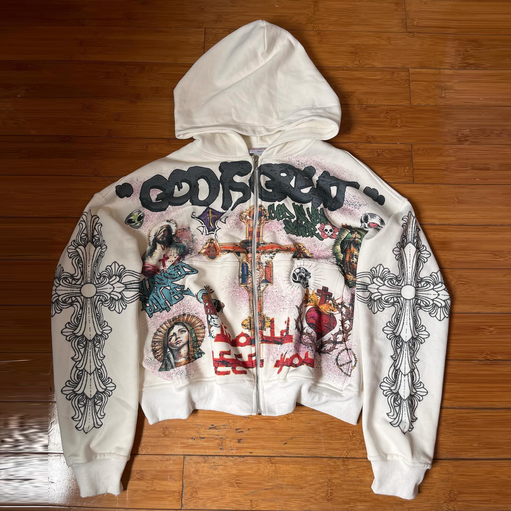 Jesus print zip-up hoodie