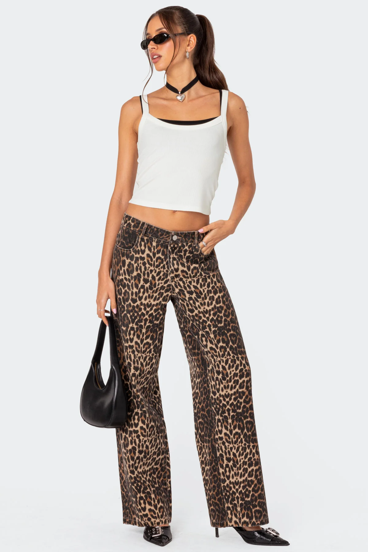 Leopard Printed Low Rise Baggy Jeans