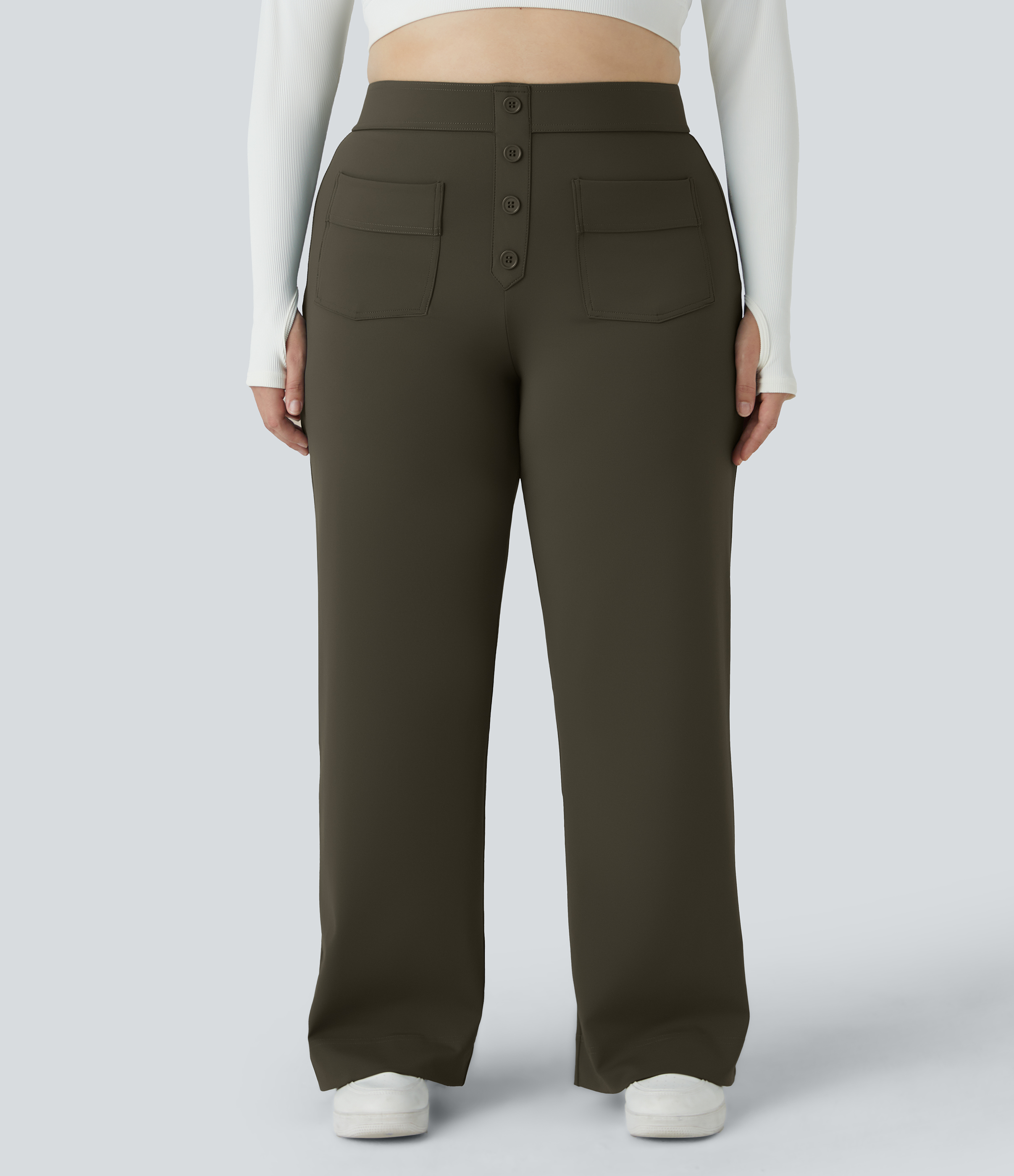 High Waisted Pockets Straight Leg Casual Plus Size Pants