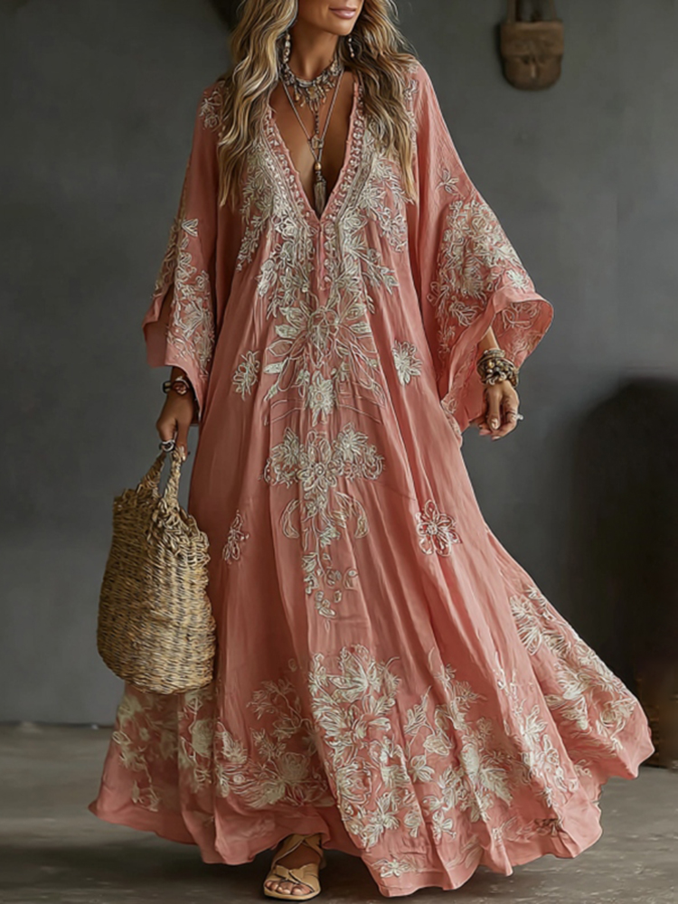 Vintage Boho Roses Embroidered Linen Maxi Dress