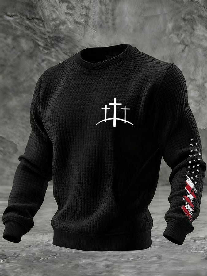 Men's Retro Faith Print Check Crew Neck Sweatshirt
