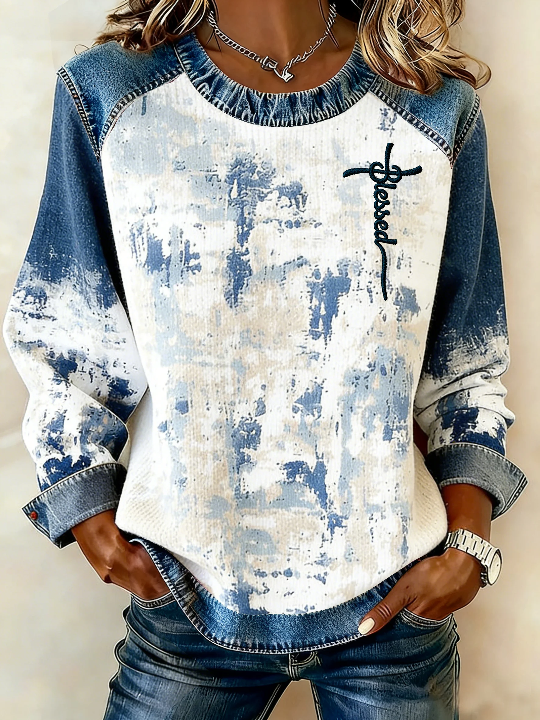 Women's Winter Western Cowboy Print Crew Neck Top-Fast Shipping