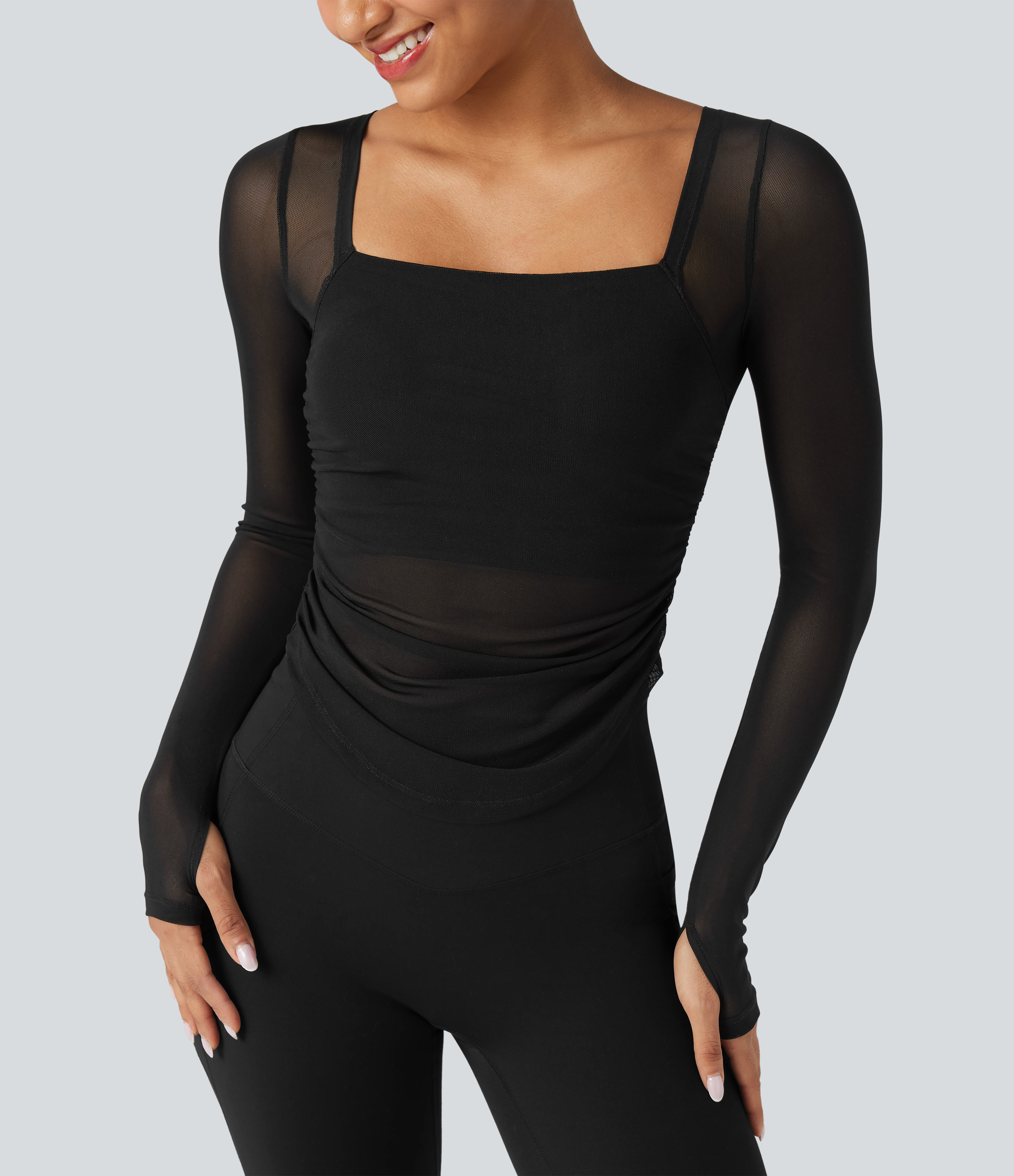 Square Neck Long Sleeve Thumb Holes Contrast Mesh Ruched Curved Hem 2-in-1 Workout Top