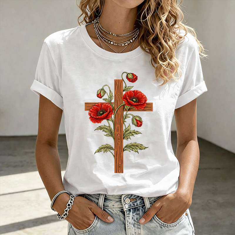 Women's Memorial Day Poppy Faith Art Printed T-Shirt