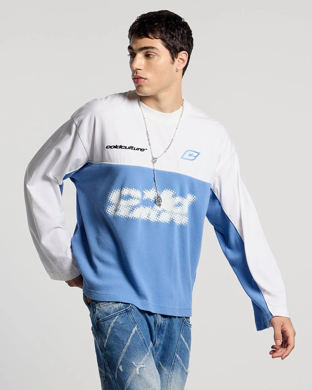 BICOLOR WAFFLE LONGSLEEVE BLUE & WHITE