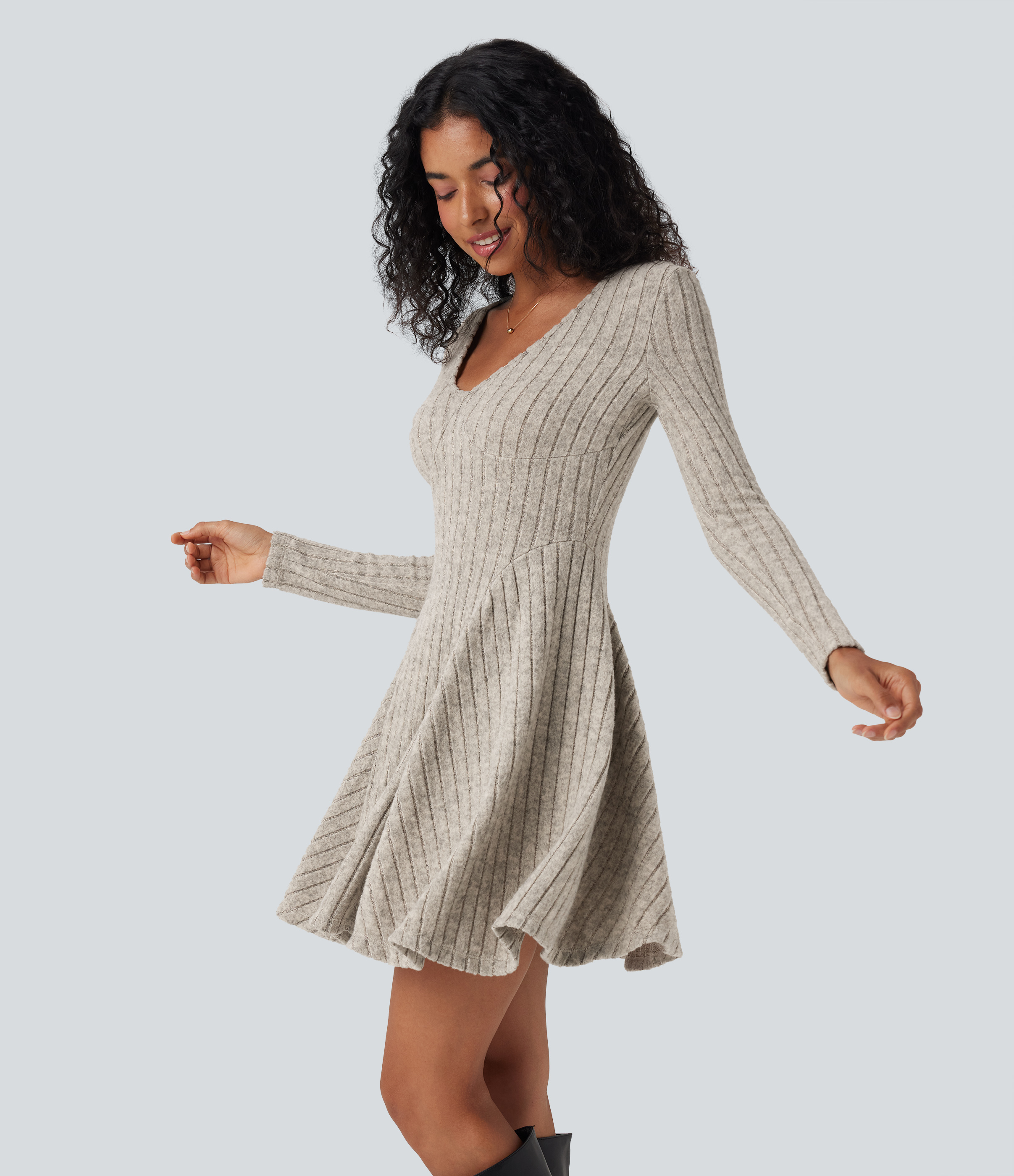 Ribbed Knit V Neck Long Sleeve Flare Mini Casual Dress