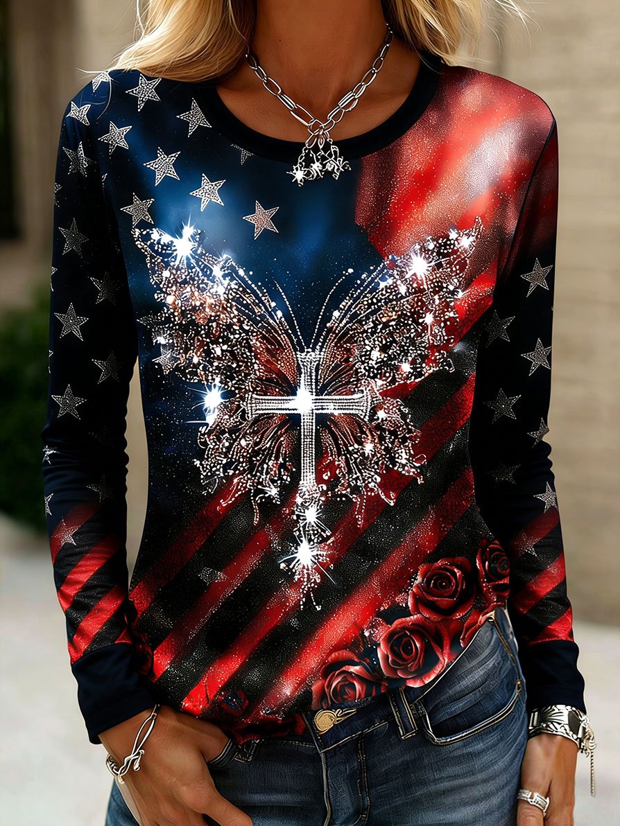 Women's Crew Neck Printed Long-Sleeve T-Shirt Commemorating the 250th Anniversary of Faith in America