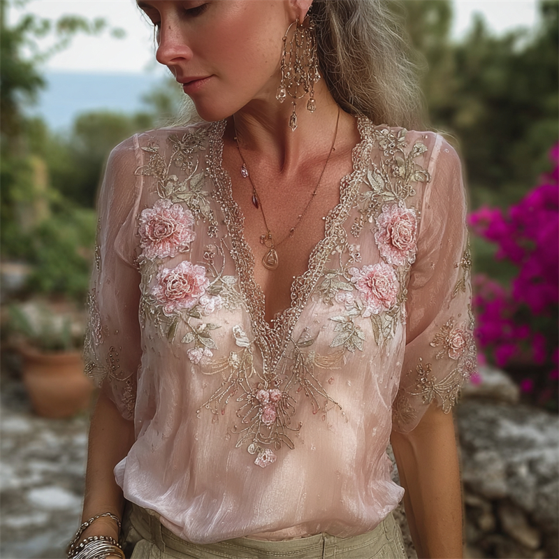 Vintage Boho Roses Embroidered Lace Flowy Linen Tunic