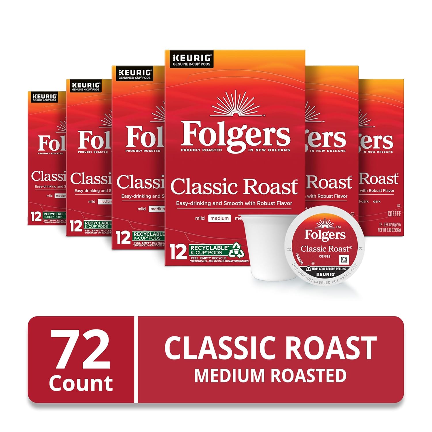 Folgers Classic Roast, Medium Roast Coffee, Keurig K-Cup Pods, 12 Count Boxes (Pack of 6)