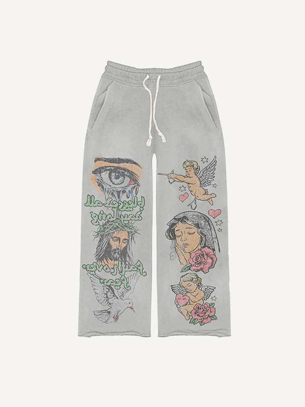 Jesus&Mary&Angel&Pigeon&Eye&Cross&Heart&Wing&Floral&Letter Print Elastic Waist Pants
