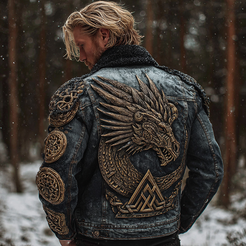 Men's Vintage Viking Celtic Dragon Art Washed Denim Jacket