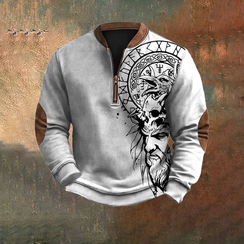 Vintage Viking Print Zip-Up Collar Sweatshirt