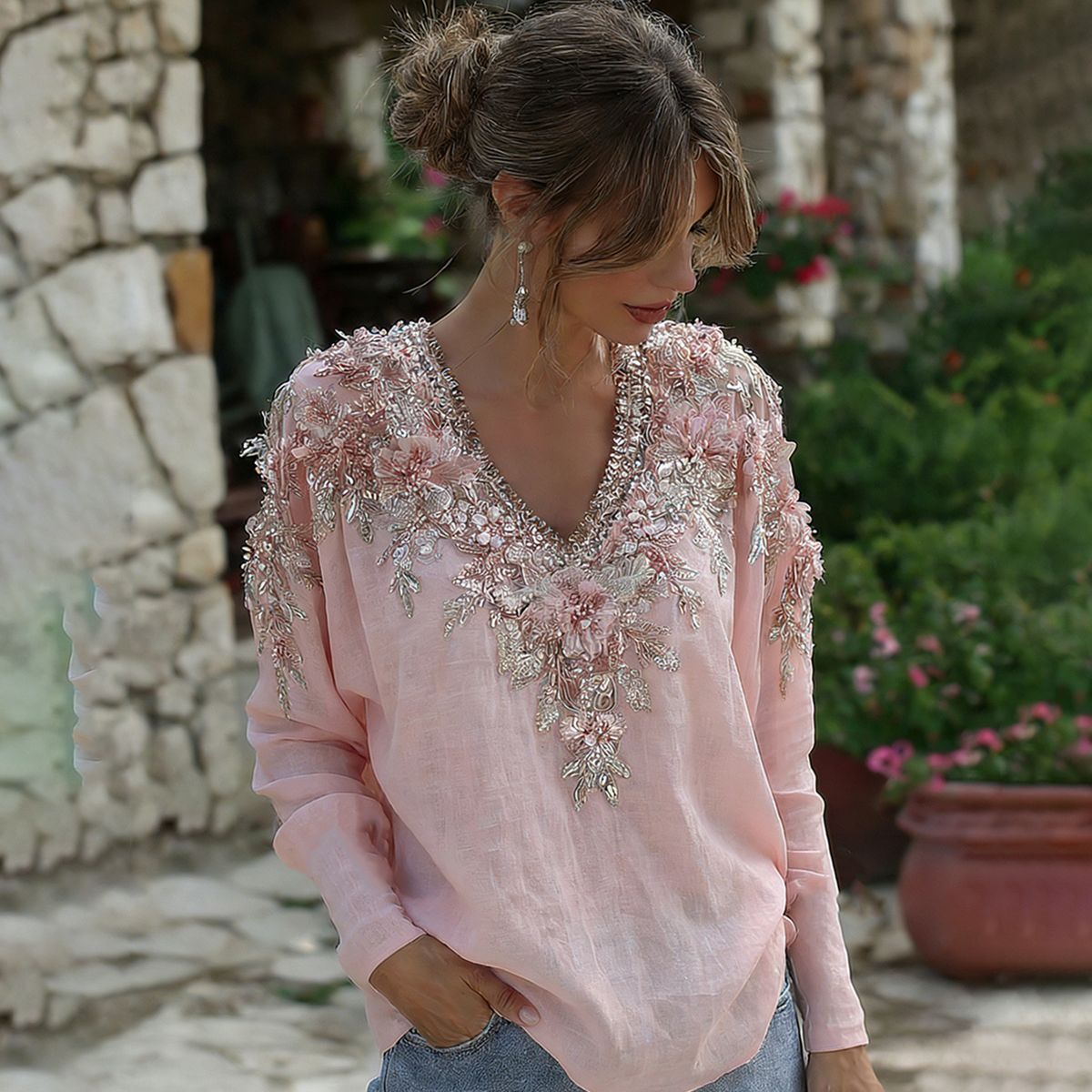 Women's Vintage Pink Floral Pattern Casual Long-sleeved T-shirt