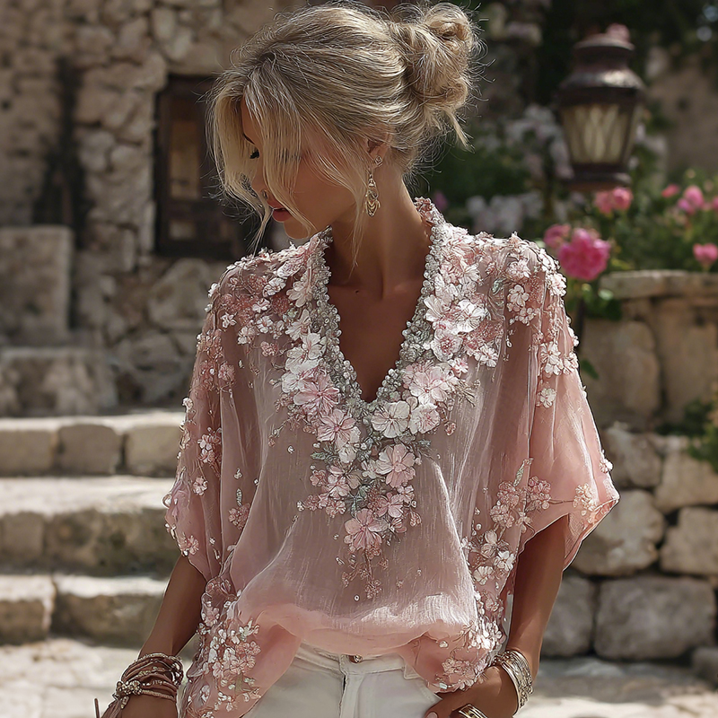 Women's Pink Cherry Blossom Embroidered Linen Blend T-shirt