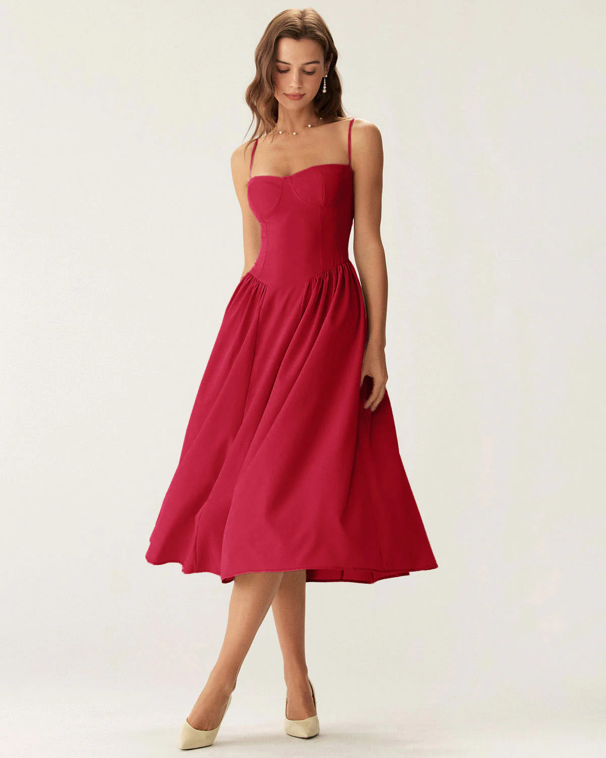 Red Square Neck Pocket Slip Midi Dress