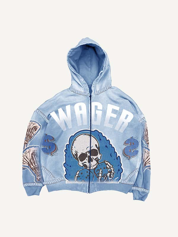 Skull&Money&Poker&Letter Faux Decal Print Zip Up Hooded Coat