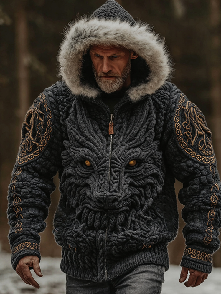 Men's Vintage Viking Dragon Style Celtic Art Cozy Fur Collar Knit Hooded Sweater Jacket