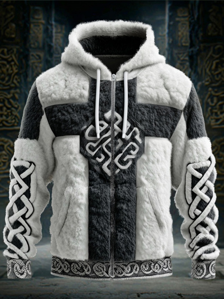 Men's Viking Celtic Knot Color Block Flannel Warm Hooded Jacket
