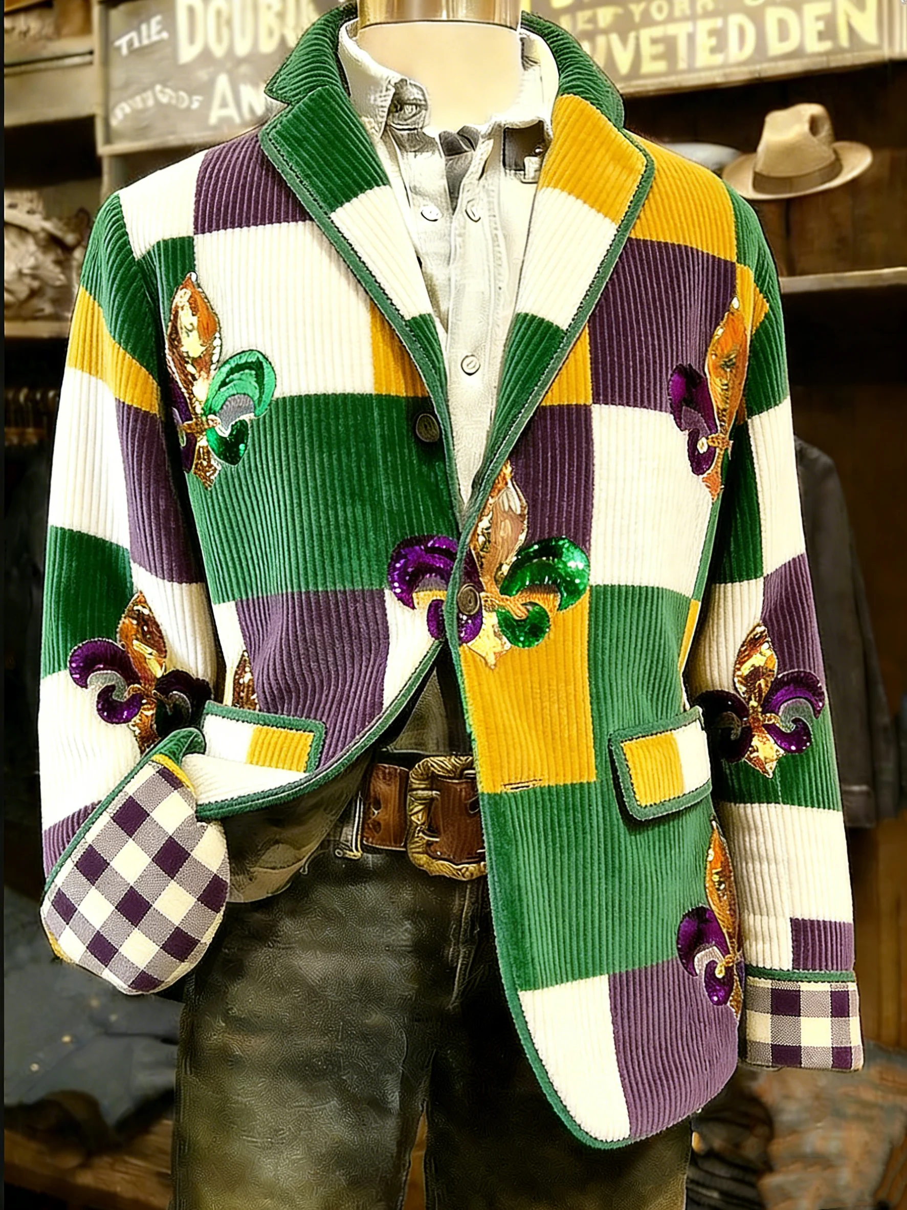 Men's Vintage New Orleans Mardi Gras Fleur-de-lis Print Casual Jacket