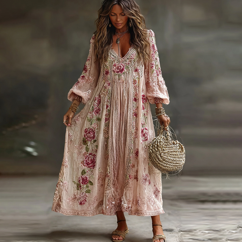 Women's Vintage Retro Floral Art Flowy Linen Blend Casual Long Sleeve Maxi Dress