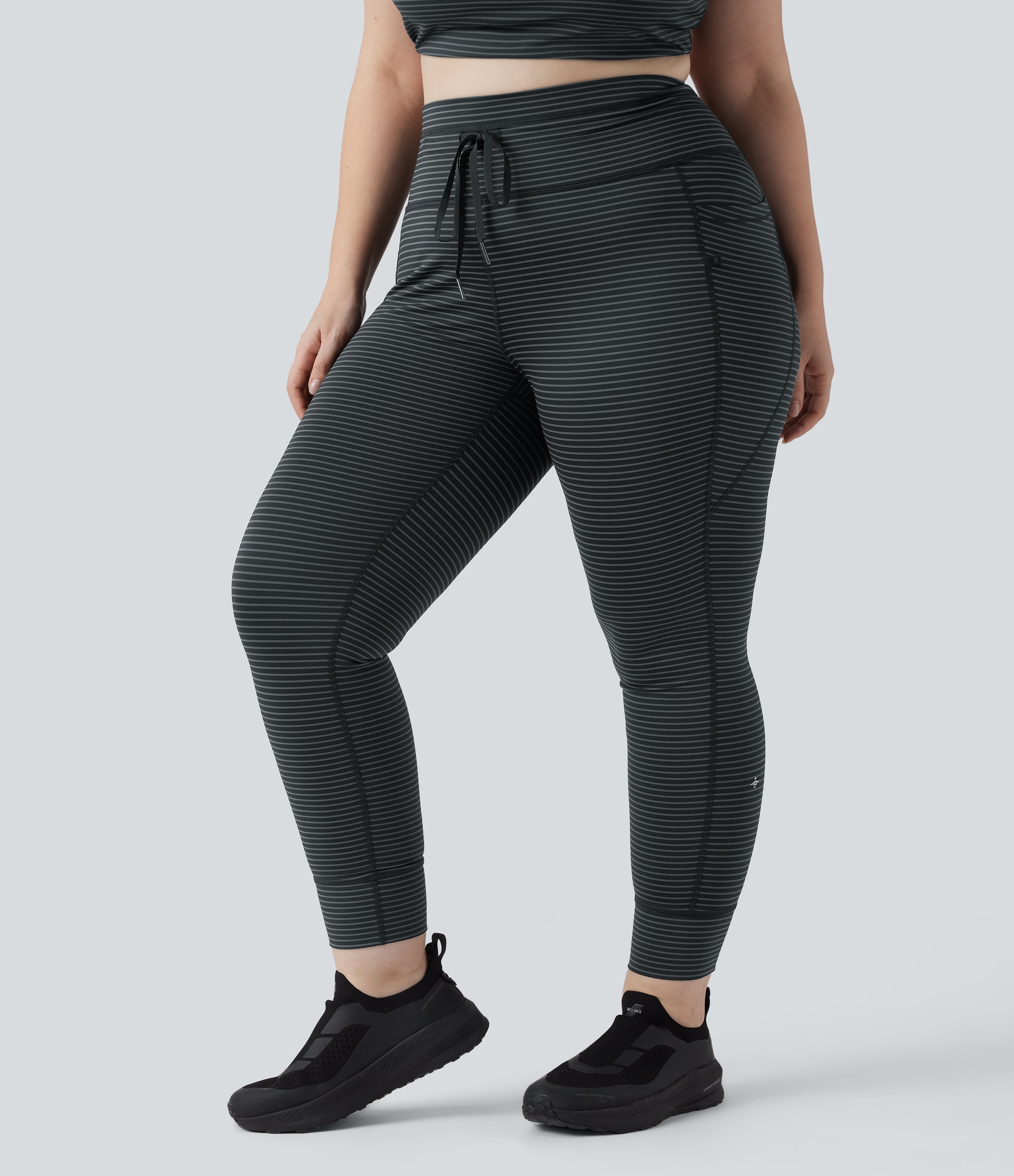 High Waisted Drawstring Striped Yoga Plus Size Leggings with Pockets