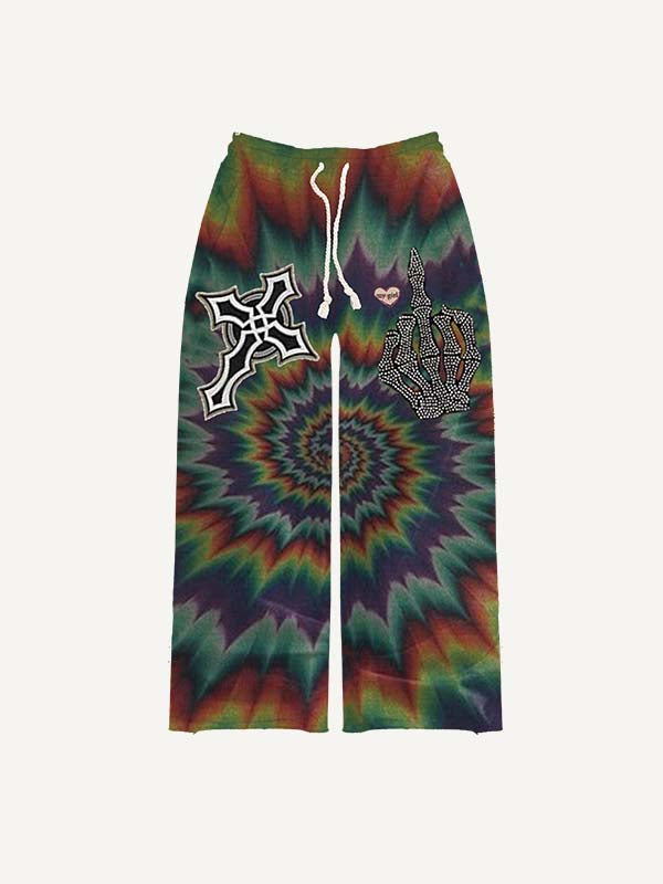 Gesture&Cross&Eye Faux Rhinestones Print Elastic Waist Pants