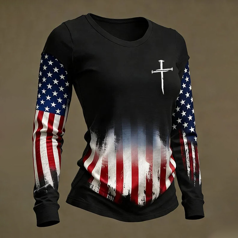 Women's Vintage American Flag FAITH Print Long-Sleeved T-Shirt