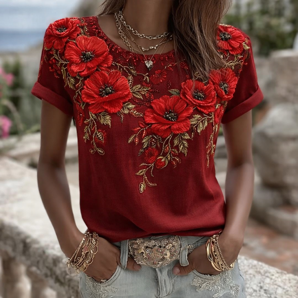 Women's Red Friday Poppy Art Casual T-Shirt