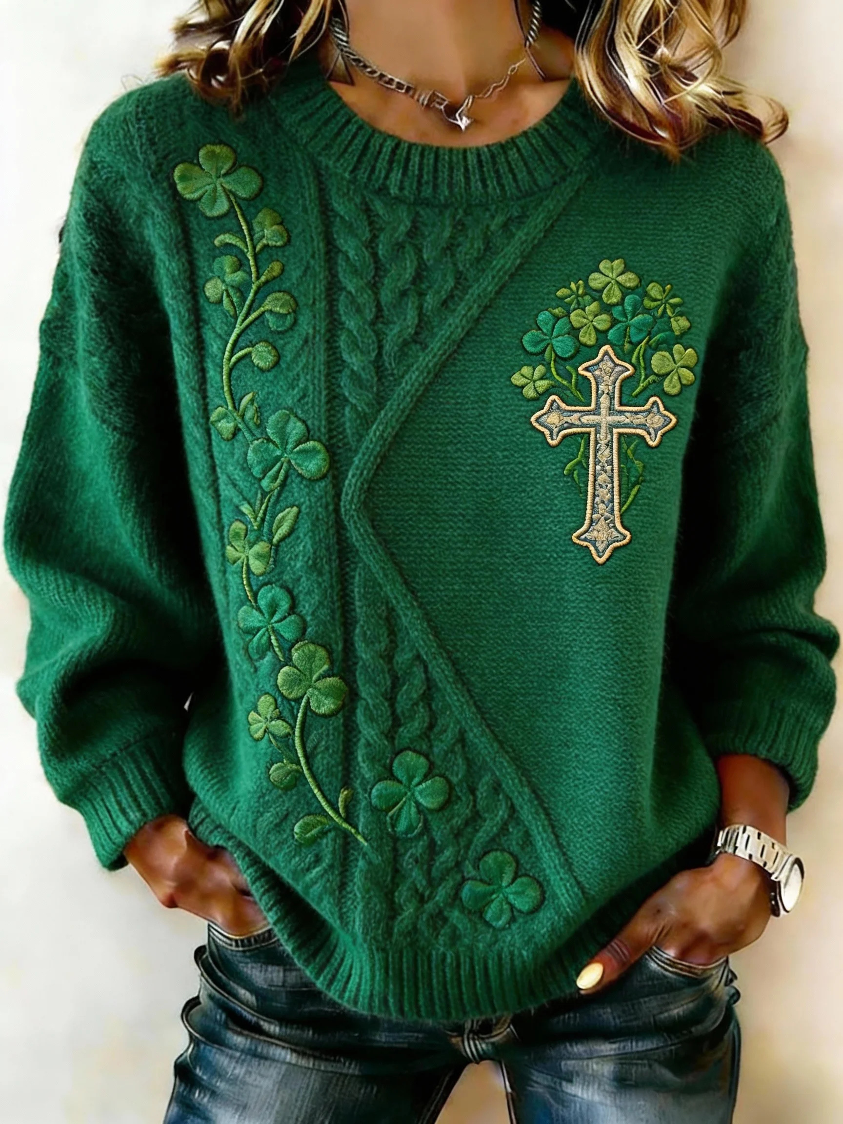 Women's Clover Cross Print Crew Neck Sweater-Fast Shipping