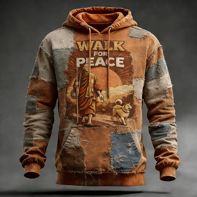 Walk For Peace Love In Every Step Artistic Print Distressed Hoodie