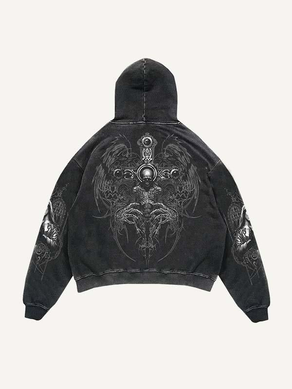 Skeleton&Figure&Cross&Wing Print Slant Pockets Hoodie