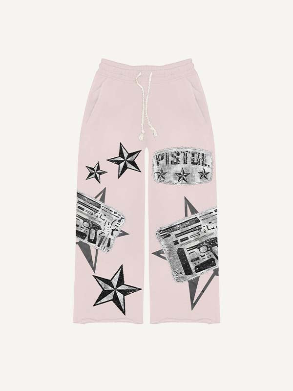 Pistol&Letter Faux Decal Print Elastic Waist Pants