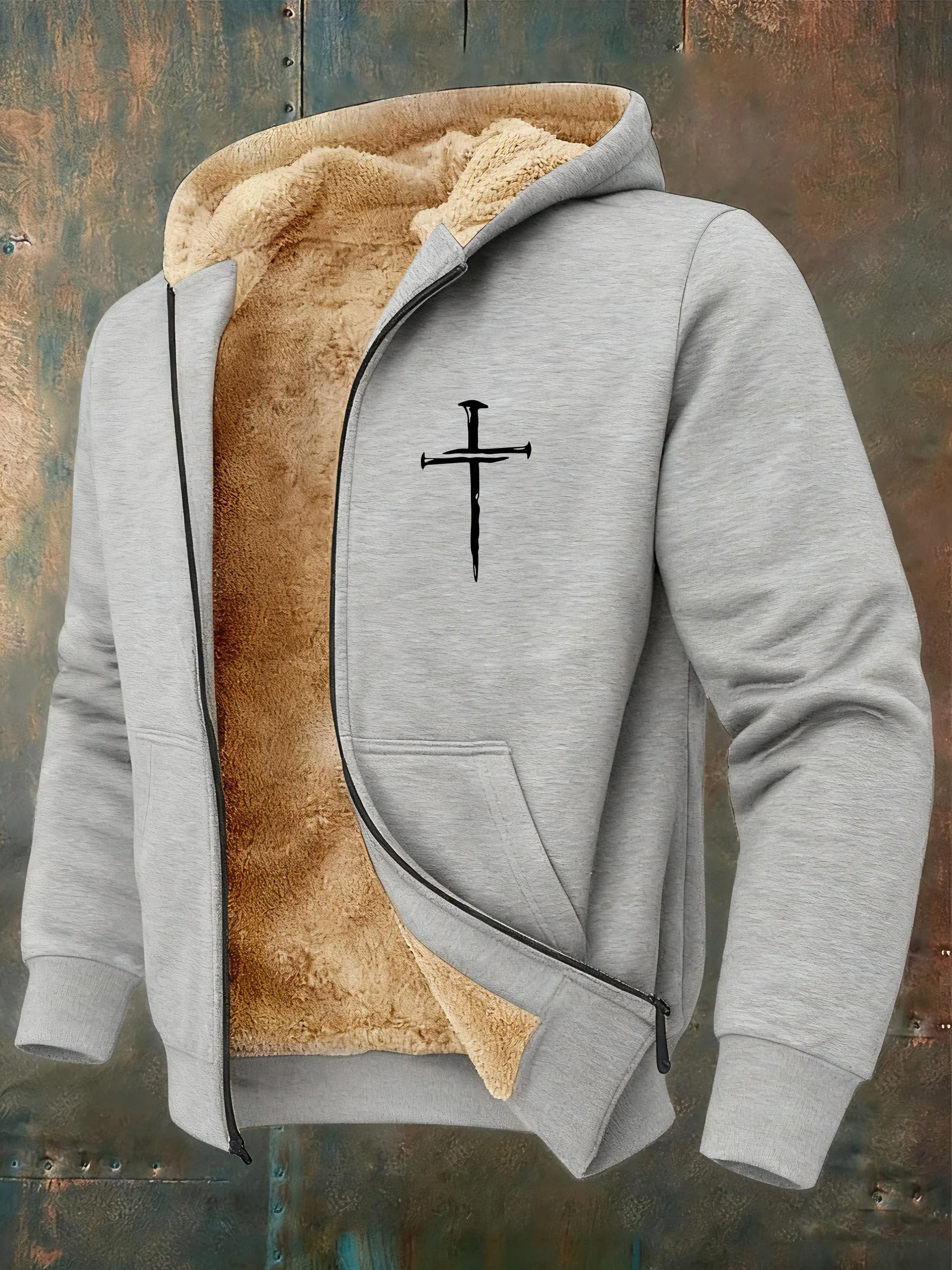 Men's Vintage Faith Cross Design Printed Plush Hooded Zip Jacket