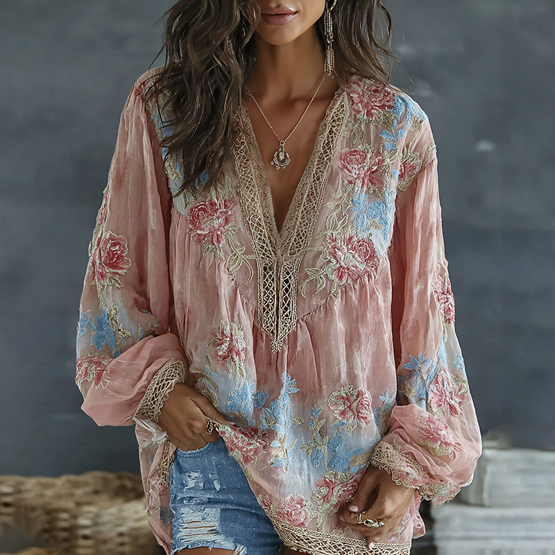 Women's Vintage Floral And Butterfly Embroidered Art Print Flowy Linen Blend Casual Tops