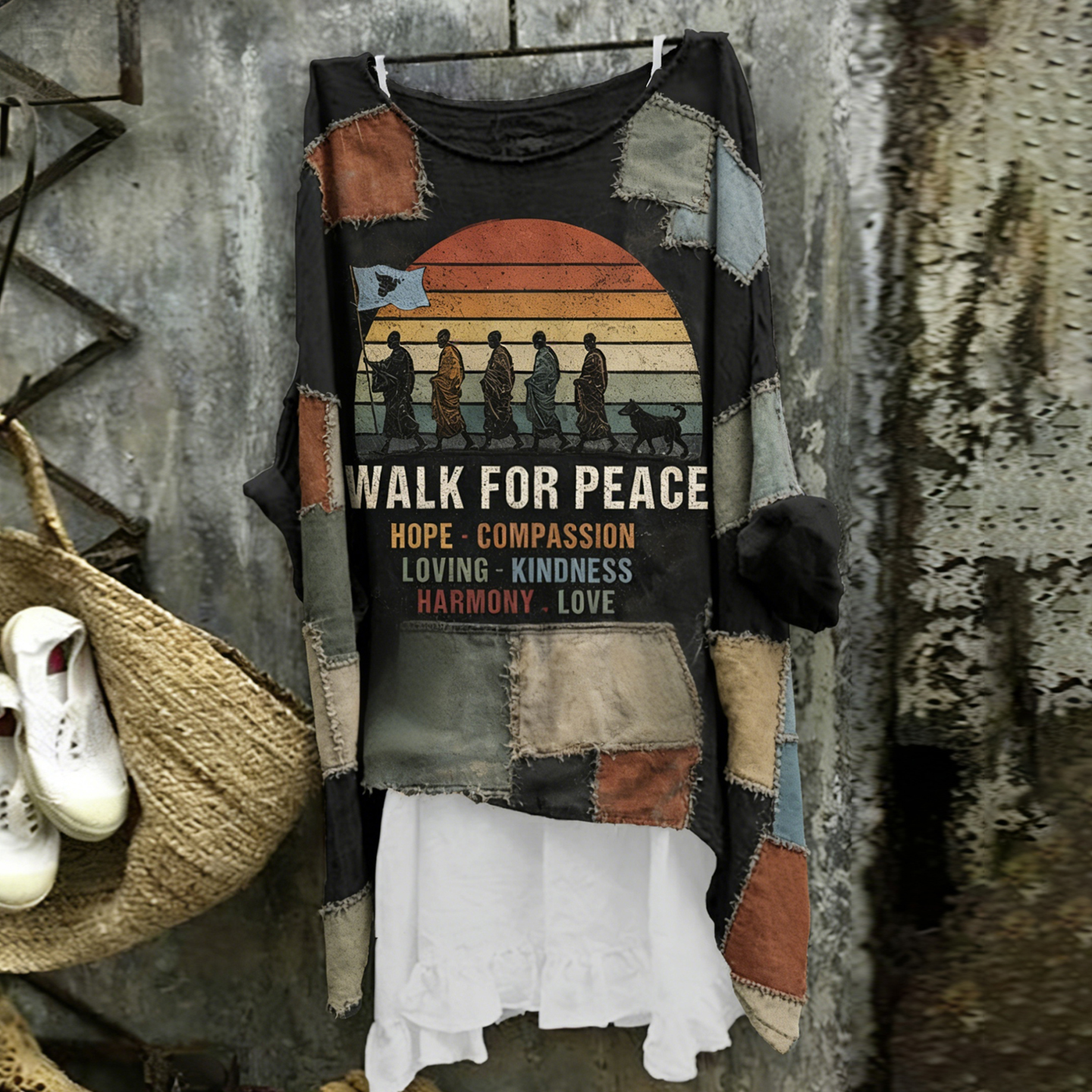 Walk For Peace Aloka Dog In Patchwork Art Linen Tunic