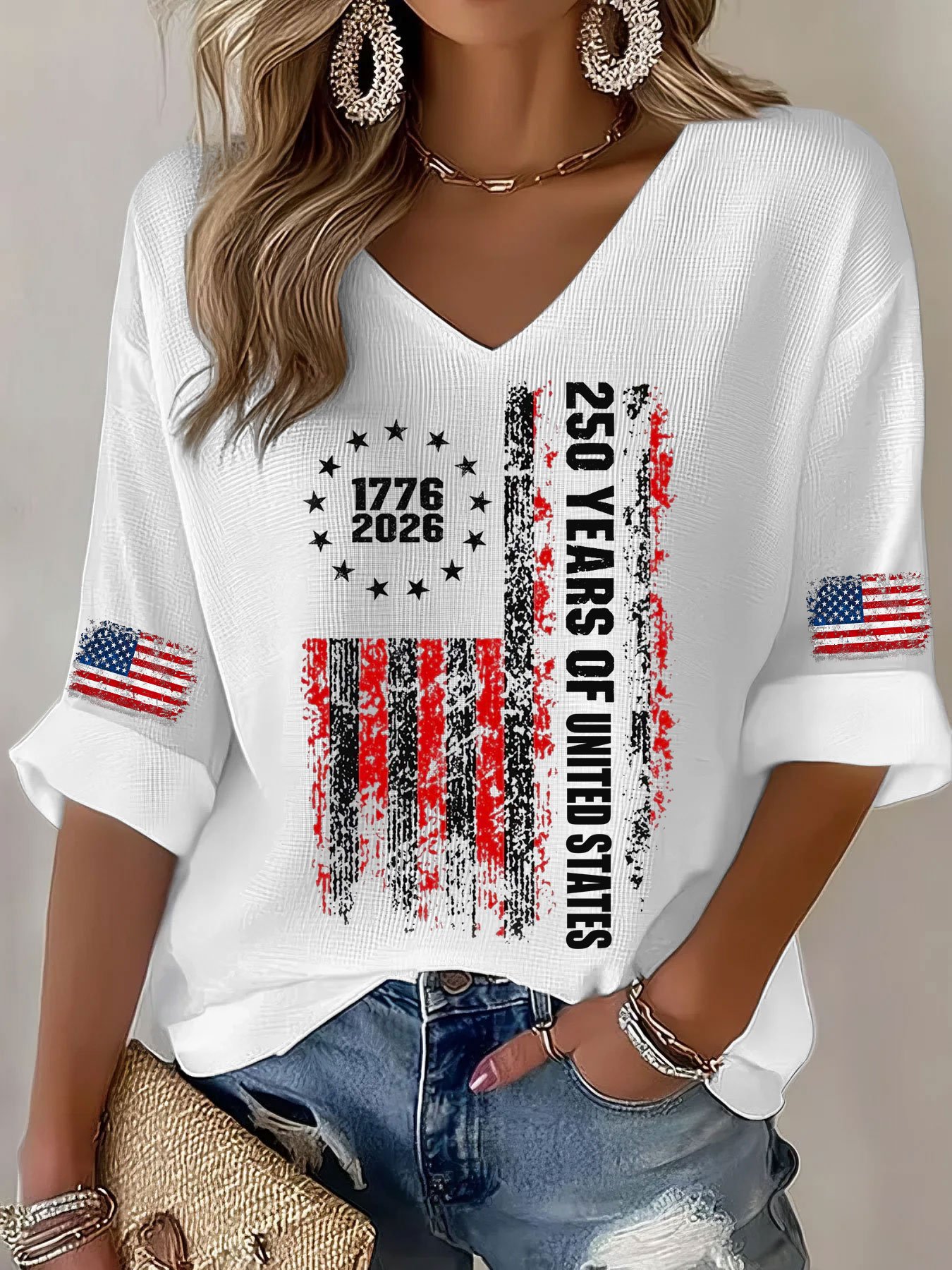 Women’s USA 250th Anniversary Embroidered Print Waffle Knit V-Neck T-Shirt
